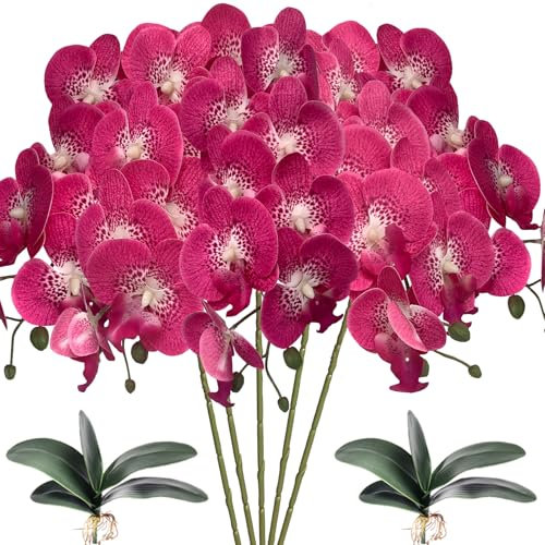 HinyoCo 5 Pcs Artificial Phalaenopsis Flowers and 2 Bundles Leaves,Artificial Orchid Flowers with 2 Bundles Leaves Stem Plants for Home Wedding Decoration (Rose red spots)