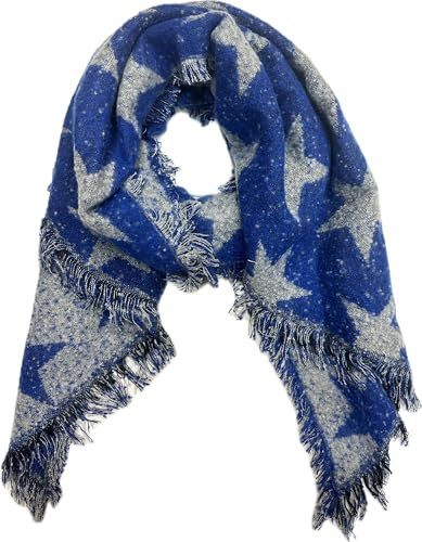J26 XXL Stern Wendeschal Star Unisex Wolle Warmer Winter Schal Stola Tuch mit Fransen kuschelig (Blau)