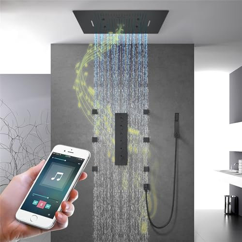 Duschsystem,Multifunktionales schwarzes Duschset,Duschsystem Mit Thermostat,800x600 mm große Kopfbrause,Mit LED-Musik-Stimmungsbeleuchtung,Eingebettet-Duschsystem mit Handbrause und Rückenbrause