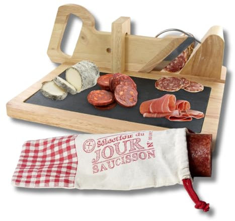 Trancheuse Saucisson en Bois avec Pochon et Plateau Ardoise - Guillotine Manuelle - Machine pour découpe Multifonctions - Coupe Charcuterie, Fruits, Légumes, Fromage, Pain - Parfait pour l’Apéro