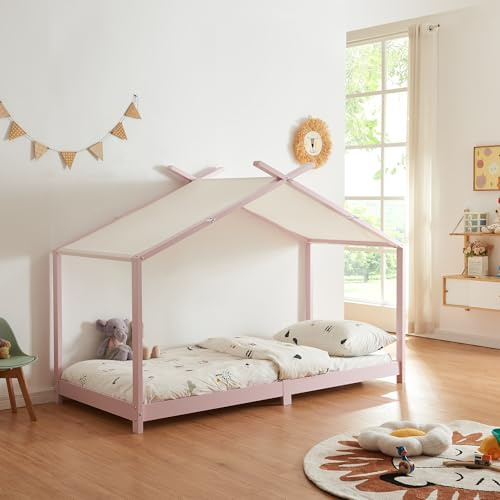 [en.casa] Kinderbett Brome Hausbett 90 x 200 cm Jugendbett Bettenhaus mit Lattenrost und Abnehmbarem Stoffdach Montessori Bett aus massiver Kiefer Bettgestell Holz Rosa