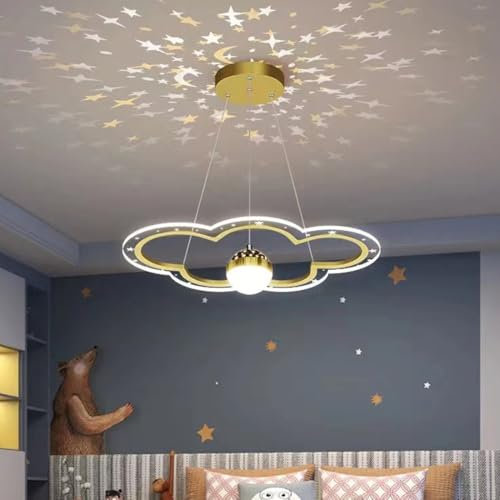 Pendelleuchte Hängelampe Kinderzimmer LED Dimmbar Gold Wolken Schlafzimmer Kinder Lampe Deckenleuchte mit Fernbedienung Modern Projektion Dekoration Kronleuchter für Kreativ Mädchen Jungen Raum Ø51cm