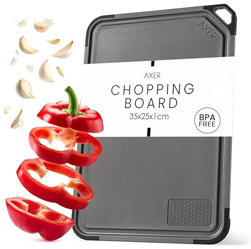 Axer Schneidebrett Kunststoff Groß BPA Frei - Universalgröße 35x25 cm Küchenbrett Spülmaschinenfest - Schneidbrett mit Saftrille Standfüßen Griff und Reibe - Cutting Board - Dunkelgrau
