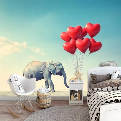 Papier Peint Panoramique Animaux Mignon Éléphant Ballons Effet 3D Peinture Murale Interieur Intissé Murales 400 X 280 Cm Pour Salon Chambre À Coucher D'Enfant Maison Décoration Murale Bleu Rouge