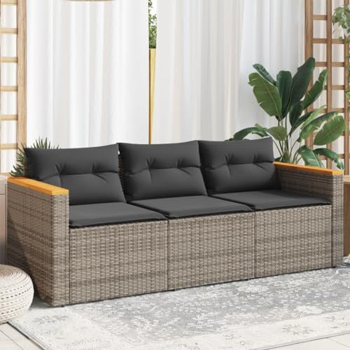 Massbinet Gartensofa mit Kissen 3 Sitzer Garten Loungesofa Poly Rattan Grau