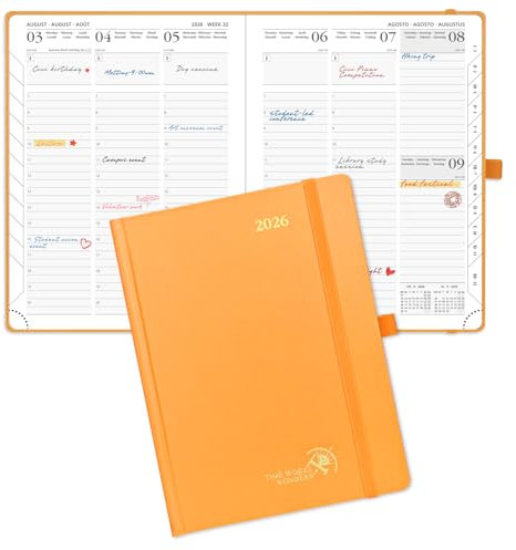 POPRUN Kalender 2026 Buchkalender 22 x 16,5 cm, 12-Monate-Terminplaner (Jan.2026-Dez.2026), Wochenplaner 2026 Hardcover mit Innentasche - Orange