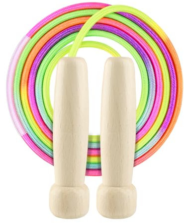 BTONGE Corde à sauter pour adultes, 270 cm, corde à sauter arc-en-ciel réglable pour enfants avec poignée en bois pour garçons et filles de 6, 7, 8, 9, 10 ans, corde à sauter pour entraînement de
