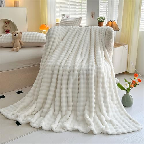 LINGKY Kuscheldecke Milchsamt Bubble Decke Super Soft Wohndecke Dick 450 G/M² Flanell Decke Couchdecke Warme Überwurfdecke Sofadecke Vielseitig Blanket Für Bett Sofa Schlafzimmer Büro Weiß 130x160cm