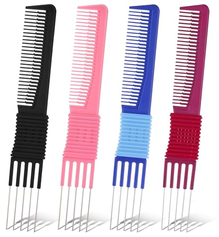XLIUAX 4 Pcs Lift Teasing Comb with Metal Pick Combs for Women Curly Hair | Stainless Steel, Styling Comb Hair Picks with Colorful Handles and Metal Prong, Lifting Fluffing Combs for Salon Home Travel