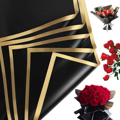 20 Blatt Blumenstrauß Geschenkpapier, 58x58 cm Wasserdicht Blumenstrauß Papier, Wrapping Paper für Geschenkverpackung Kunst Handwerk Blumen Hochzeit Abschluss Verpackung (Schwarz)