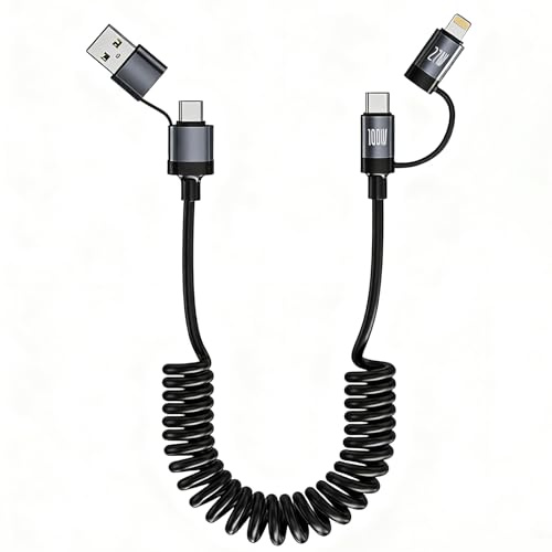 Coiled USB-C and Lighting Cable 4-in-1, 3FT Phone 15 16 Car Charger Cord, 100W Multi Fast Charging Cable for Phone 17/16/15/14/13/12/11 Pro Max/XS MAX/XR/XS/X/8/7/6 Plus/Pad/AirPods/Book/CarPlay