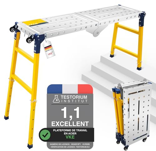 VKE Plataforma de Trabajo Regulable 140 × 36 × 70-110 CM, Carga 500KG | Fabricado en Chapa Galvanizada, Andamio Plegable Portátil con 4 Ruedas Universales, Ideal Para Obras y Bricolaje Doméstico