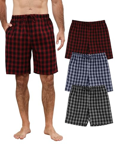 TeJoyce Schlafanzughose Herren Kurz Baumwolle, 3er Pack Pyjamahose Kariert für Sommer, Weich und Bequeme Schlafshorts mit Tasche, Kuschelig und Modisch Shorts Männer Schwarz, Navyblau, Bordeaux, L