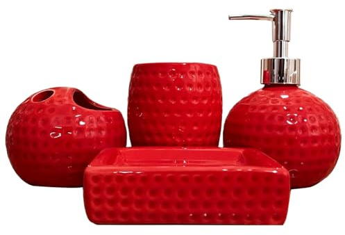 4-teiliges rotes Badezimmer-Set aus Keramik, inklusive Zahnbürstenhalter, Becher, Lotionspender, Seifenschale, Weihnachtsdekoration