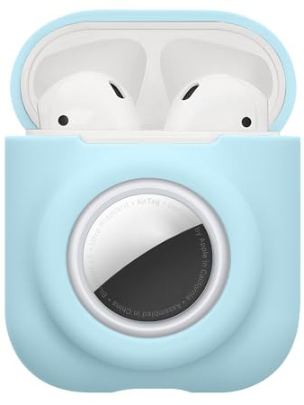 kwmobile 2-in1 Schutzhülle für Apple Airpods 1 & 2 Hülle - Kopfhörer Silicon Case kompatibel mit AirTag - stoßfestes Cover mit Karabiner - Hellblau