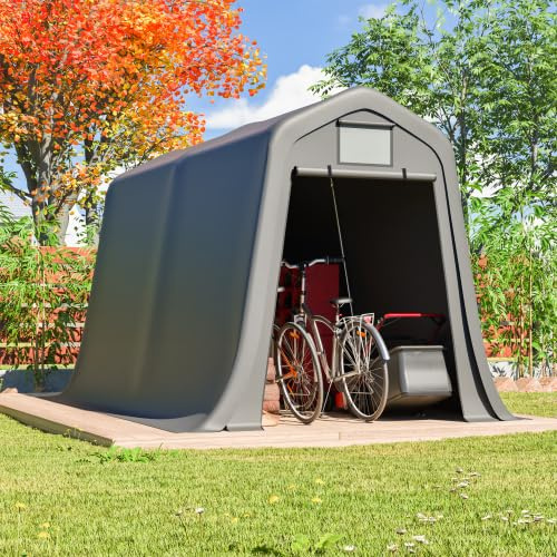 Abri à outils, 366 x 213 x 225 cm, avec toit pointu, cadre en acier galvanisé, bâche en polyéthylène 170 g/m², porte déroulable et ventilation, gris, pour garage pour moto, abri à vélo et tente de