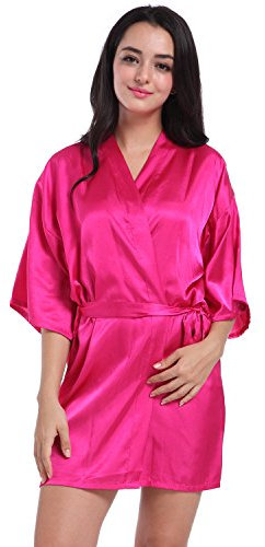 Anwedding Vestaglie e Kimono Pigiama Kimono,Elegante Vestaglia Raso Corta, Camice da Notte con Cintura (Fucsia, Small)