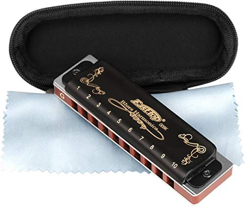 Easttop Professionelle Mundharmonika, Blues Tonart G, 10 Löcher, 20 Töne, strapazierfähig, mit Etui und Reinigungstuch, für professionelle Spieler, Anfänger, von Eison-East Top, Schwarz, tolles