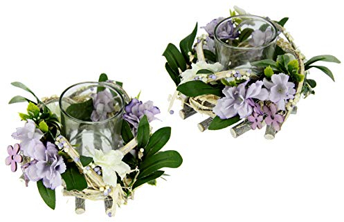 Teelichthalter Windlicht mit Blüten Kerzenhalter Holz-Tischdeko mit Blumen Dekokranz Kerzenhalter Frühlingskranz Teelichtkranz Teelicht Deko Frühjahrsdeko Osterdeko 2er Set 10x16x16 cm