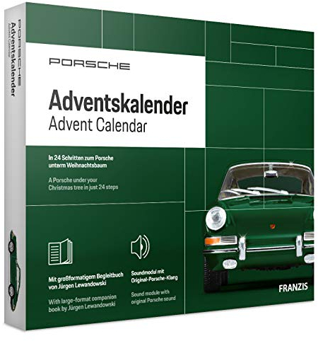 FRANZIS 67119 - Porsche 911 Adventskalender irisch grün 2020, Modellbausatz im Maßstab 1:43, inkl. Soundmodul und 52-seitigem Begleitbuch
