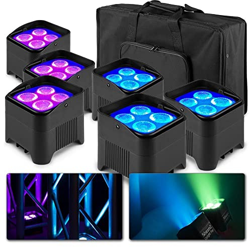BeamZ BBP94W Uplight LED Par Strahler, 6er Set mit Tasche, 4 x 10 Watt, Akku Bühnenbeleuchtung 6er Set für DJ Pult, Bühnenlicht, DMX-WLAN, Partylicht Musikgesteuert, Bühnenequipment, Fernbedienung