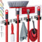 effektivtools Mop and Broom Holder Wall Mount – Self-Adhesive Stainless Steel broom hanger organizer – 4 Clamps, 3 Hooks, 5 Towel Hanging Clips Mounting Screws – Holds Up to 40 Lbs
