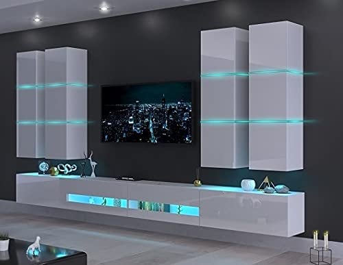 Furnitech Wohnwand Modern | Hängend Wohnwand mit LED Blau | Schrankwand für Wohnzimmer mit Regalen und TV Schrank (Jurat AN51-18HG-W2)