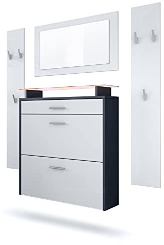 Vladon Garderobe Malea, Garderobenset bestehend aus 1 Hängeschuhschrank, 1 Wandspiegel und 2 Garderobenpaneele, Anthrazit matt/Weiß matt, inkl. LED-Beleuchtung RGB