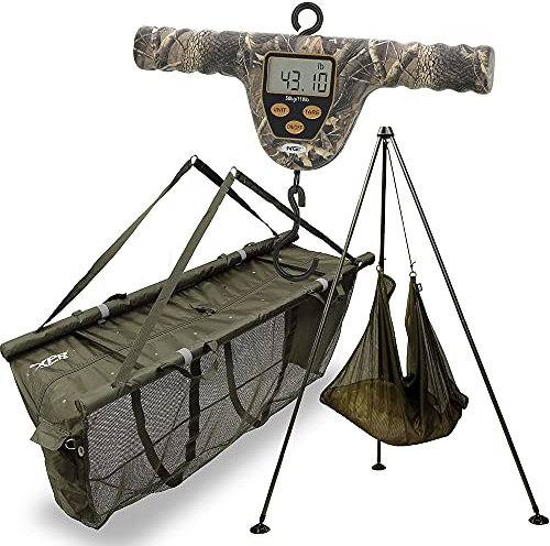 DNA Leisure Carp Fishing Weighing Tripod + XPR Camo Digital Scales Tare Function 110lb / 50kg & Flotation Sling