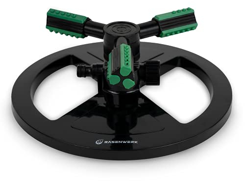 RASENWERK® - Kreisregner - Sprinkler Dreiarmig - 360 Grad Rasen Sprenger Rasensprenger - Zur Bewässerung im Garten - Für große und kleine Wiesen Flächen, Modern