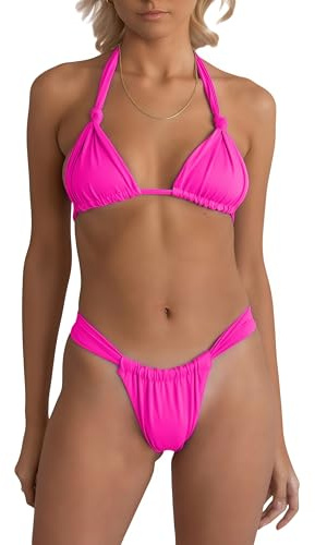 geluboao Ensemble de maillots de bain 2 pièces pour femmes - Bikini triangle à dos nu avec cordon - Sexy - Brésilien - Échancré - Tanga - Costume de bain, rose, Taille S