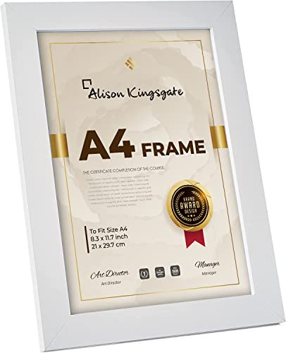 Alison Kingsgate Premium White A4 Frame 29.7x21cm - Safe Perspex & Wall Hook - Picture and Certificate Frame