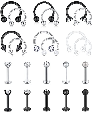 AceFun schwarz Silber Knorpel nach vorne Flache Rückseite Cartilage Forward Flat Back Daith Piercing Tragus Conch Helix Hoop Hufeisen Ringe 8mm 10mm Barbell Ohrringe für Frauen Herren 16G 1.2mm