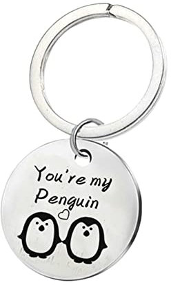 Lieson Personalisierte Schlüsselanhänger, Schlüsselanhänger Mit Gravur Edelstahl Herren Hundemarke mit You are my penguin Schlüsselanhänger Ringe Silber