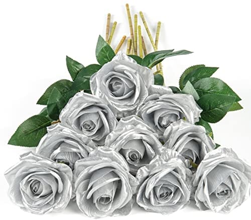 DuHouse 10 Stück künstliche Rosen Seidenblumen Fake Rose 54cm einzelnen Langen Stiel künstlich Blumen Bouquet für Brautstrauß Arrangement Hochzeit Tafelaufsatz Party Haus Küche Dekor(Silber)