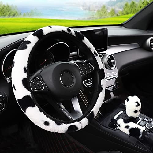 Cysocool 3Pcs Universal Plüsch Auto Lenkradhülle Handbremse Gangschaltung Lenkrad Abdeckung Lenkradbezug Winter Warme Lenkradabdeckung Weich Wolle Lenkradschutz Zubehör für 37–39 cm