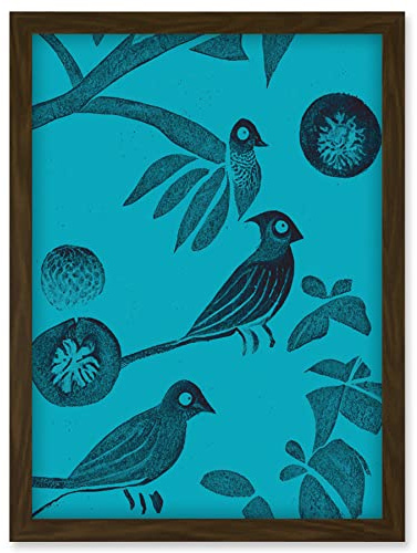 Doppelganger33 LTD Linocut Vintage Blue Birds Jungle Pattern Illustration Teal Artwork Framed Wall Art Print A4