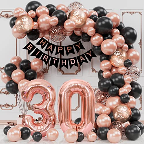 30 anni Palloncini Compleanno, Compleanno Decorazioni Palloncini 30 anni Donna, Nero Oro Ros Ghirlanda Palloncini Set con Coriandoli Palloncini, Banner di Buon Compleanno per 30 anni Compleanno Feste