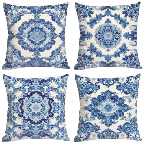wasserdichte Kissenbezugen 4 Stück 80x80cm Dekorative Outdoor Deko Kissen Kissenbezüge Stilvolles Dekorative Kissenhülle für Sofakissen Garten Outdoor Wohnzimmer Schlafzimmer, Blaues Mandala