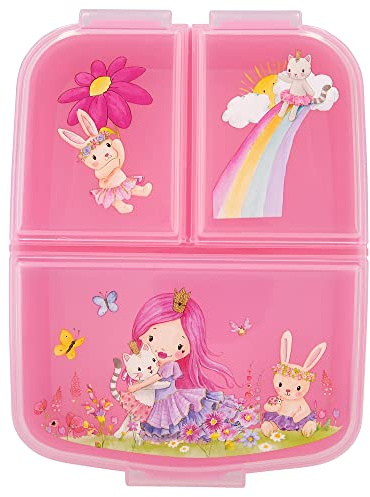 Depesche 12316 Princess Mimi - Brotdose in Rosa mit 3 Fächern und separaten Klapp-Verschlüssen, Lunchbox mit Prinzessinnen-Motiven und Blumen