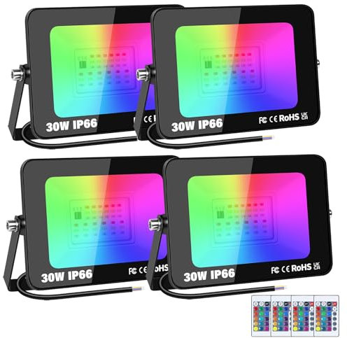 RIGIDON 4x 30W RGB LED Strahler Mit Fernbedienung, 3000LM RGBW Farbwechsel Flutlicht, 16 Farben 4 Modi Dimmbar Fluter Lampe Für Party Garten Baum Landschaft, Disco Feiern, Außen Wasserdicht IP66