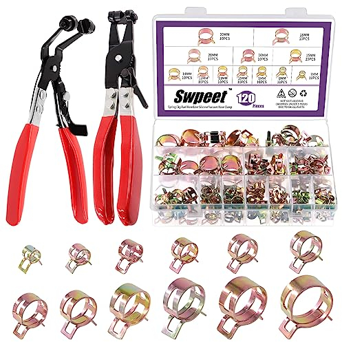 Swpeet 122Pcs 7-22mm Spring Band Hose Clamps with Swivel Flat and 45°Angled Flat Band Fuel Hose Clamp Plier Kit, Silicone Vacuum Hose Action Pipe Clamp Low Pressure Air Clip Clamp for Hose Clamps
