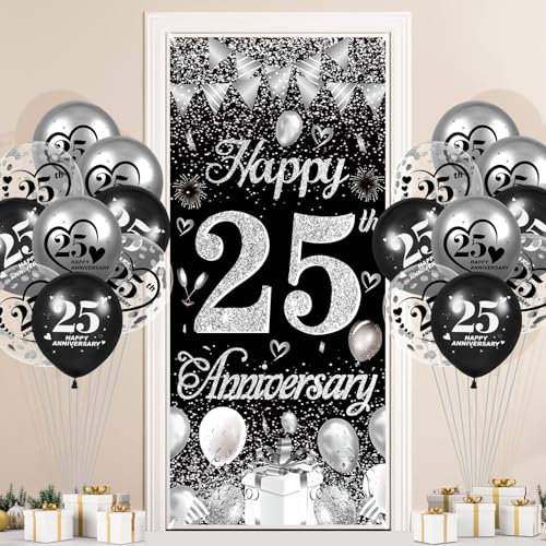 25th Wedding Anniversary Decorations Black Silver Happy 25th Anniversary Door Banner and 18Pcs Black Silver 25th Wedding Balloons for Romantic 25th Wedding Anniversary Party Backdrop Decor Supplies