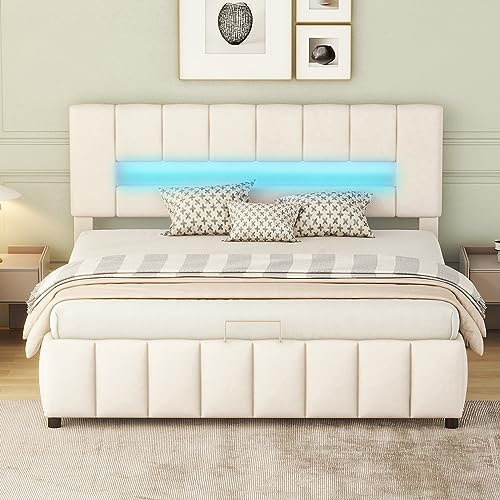 KecDuey 180x200cm Doppelbett, Polsterbett, Familienbett, Plattformbett mit LED-Beleuchtung, Modernes Bettgestell mit Stauraum (180 x 200 cm, Beige)