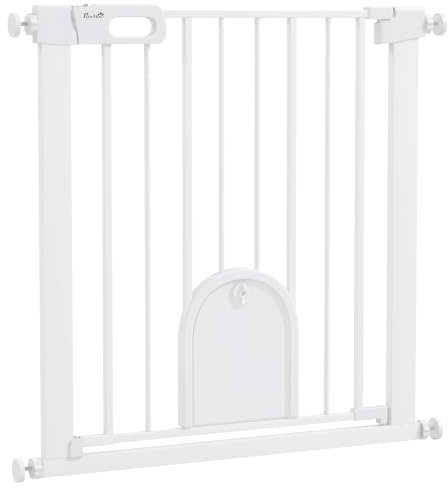 PawHut Dog Gate with Cat Flap Stair Pressure Fit Auto Close 75-82 cm White | Pet Safety Gate Barrier, Double Locking, for Doorways, Hallways