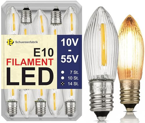 14x Spitzkerze E10 LED Leuchtmittel Filament Universal Ersatzbirnen von 10V bis 55V 0.2W 2200K Topkerze für LED Lichterkette und Schwibbögen