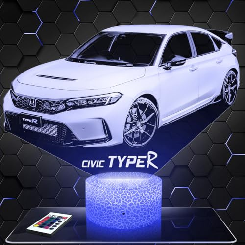 Lampephoto.fr - Lampe H Civic Type R Tuning 3D Touch Nachtlicht Supercar | Made in France, Sockel wählbar, dimmbar, Batterie/USB, HD-Lasergravur, Geschenk für Männer mit einem Sportwagen