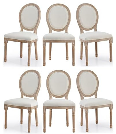 VONLUCE Accent Chairs Set of 6, French Upholstered Dining Chairs for Bedroom Living Room Kitchen, Vintage Vanity Chair with Oval Birch Backrests Rubberwood Legs, Louis XVI Farmhouse Home Decor, Beige