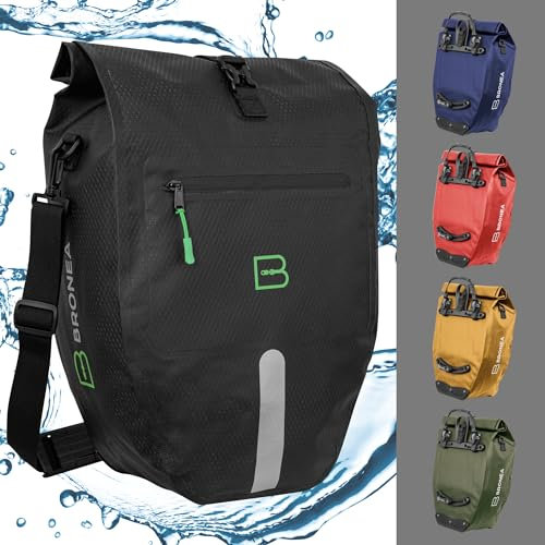 Bronea Gepäckträgertasche für Fahrrad SCHWARZ - Groß 28 Liter - abnehmbare Fahrradtasche für Gepäckträger hinten - Wasserdicht & Reflektierend - Click System Befestigung - Inklusive Laptop-Fach