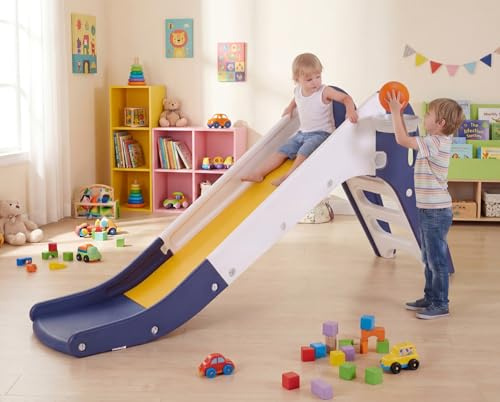 MAMIZO Freestanding Toddler Slide, 2 in 1 Large Ladder and Extend Slope Slide, with Basketball Hoop & Ball, Indoor/Outdoor Garden Play Equipment for 3 Years+ (Blue Yellow)